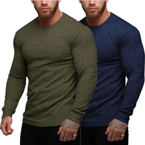 COOFANDY Men's 2 Pack Muscle T-Shirt Stretch Long Sleeve Gym Workout Bodybuilding Training Tee Shirts Casual Hipster Tops