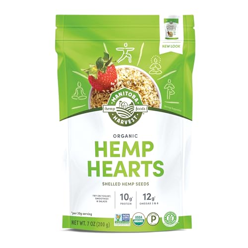 Manitoba Harvest Organic Hemp Hearts, Shelled Hemp Seeds - 7oz - 10g Plant Protein & 12g Omega 3 & 6 per 30g serving - Easy-to-Digest seeds with 9 Essential Amino Acids - Gluten Free, Vegan, Non-GMO