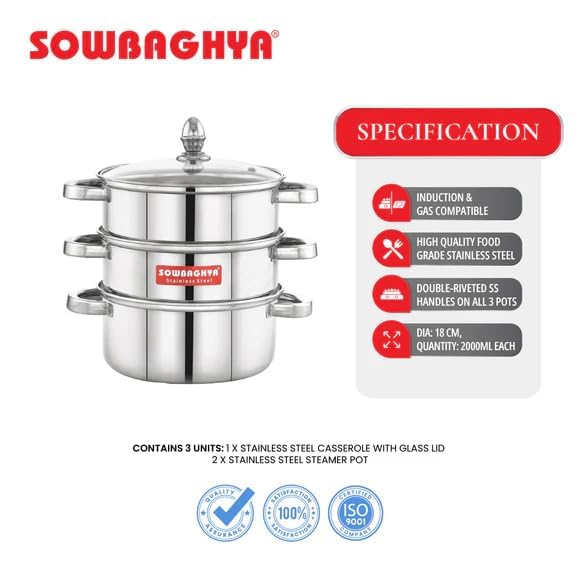 Image of Sowbaghya Stainless Steel 3-Tier Induction Bottom Steamer /Modak & Momo Maker with Glass Lid | Heavy Gauge | Double-Riveted Stainless Steel Handles