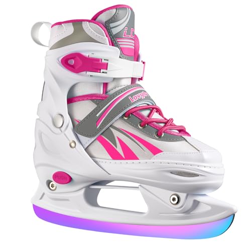 Lovydro Adjustable Kids Ice Skates for Girls Boys, 4 Size Adjustable Beginners Ice Hockey Skates for Children Youths Teen Ages 3-12, Toddler Girls Ice Skating Shoes with Comfortable Lining, White Pink