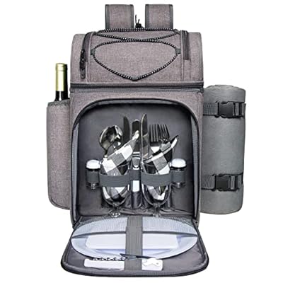 Hap Tim Mochila de cesta de picnic para 2 personas con 2 compartimentos aislados soporte para vino manta de forro polar juego de cubiertos ideal para regalo