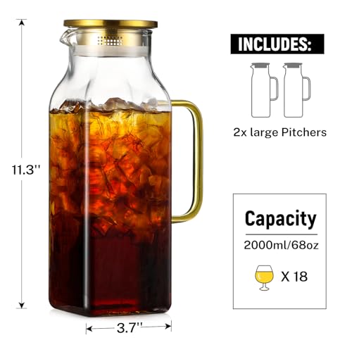 2 Pack 2 Liters/68 oz Square Glass Pitcher with Lid and Handle for Fridge, Iced Tea and Coffee Carafe Beverage Serveware, Heat Resistant Borosilicate Water Gold Jug for Hot/Cold Drinks and Milk by NETANY - Image 2