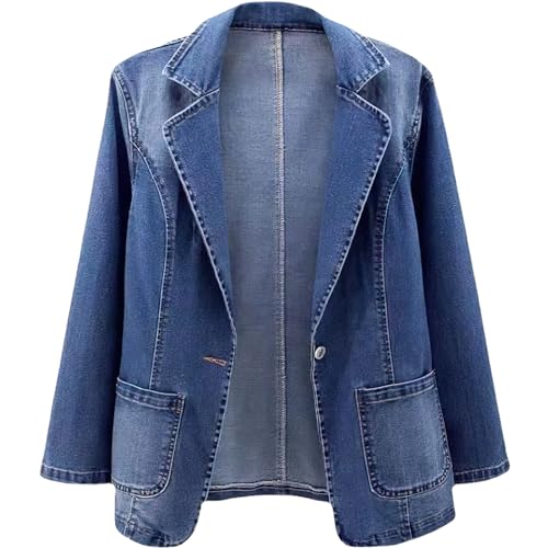 ebossy Women's Classic Notch Lapel Denim Blazer One Button Long Sleeve Slim Office Jean Jacket