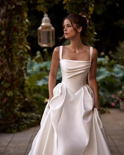 Square Neck Satin Wedding Dresses for Bride Pleated Sleeveless A Line Drop Waist Bridal Gowns 2025 with Train4