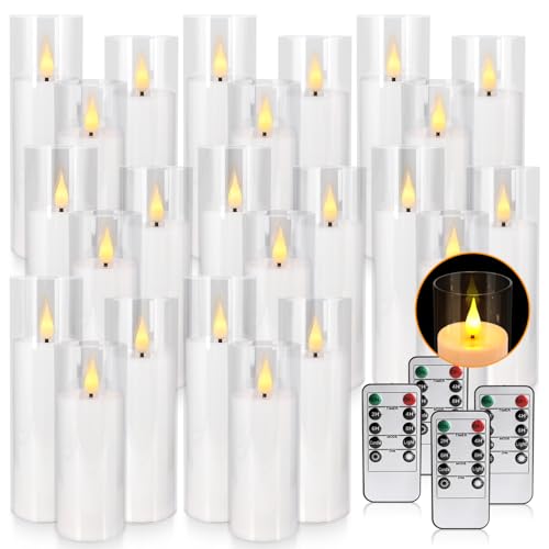 Image of 24-Pack Premium Flameless LED Candles - Elegant White & Clear Acrylic Pillar Design with Realistic Flickering Flame, Remote Control & Timer for Weddings, Christmas, Halloween & Home Decor