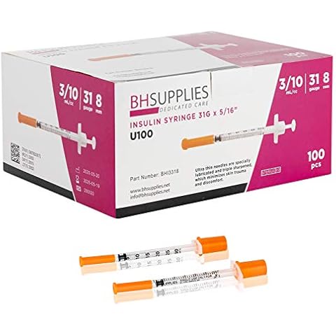 BH Supplies Insulin Syringes U-100 for 30 Units 31G .3ml/cc 5/16" (8mm) Pack of 100 Pcs Cover