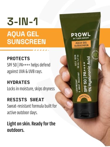 Image of PROWL by Tiger Shroff Aqua Gel Men Sunscreen SPF50 PA++++ for Oily Skin | Face Sun Screen with 1% Hyaluronic Acid | Lightweight, Sweat Resistant Sun Cream for Oily, Dry & All Skin Types | 50ml