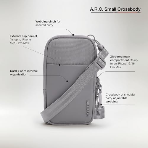 Image of Incase A.R.C. Small Crossbody Bag, Recycled Polyester, Fits iPhone Pro Max, External Pocket, Adjustable Strap, Travel Sling