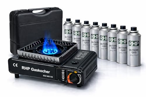 Réchaud à gaz d'extérieur RHP cuisinière de camping I cuisinière à gaz avec 8 cartouches de gaz à baïonnette - avec étui pratique - jusqu'à 30% de consommation de gaz en m