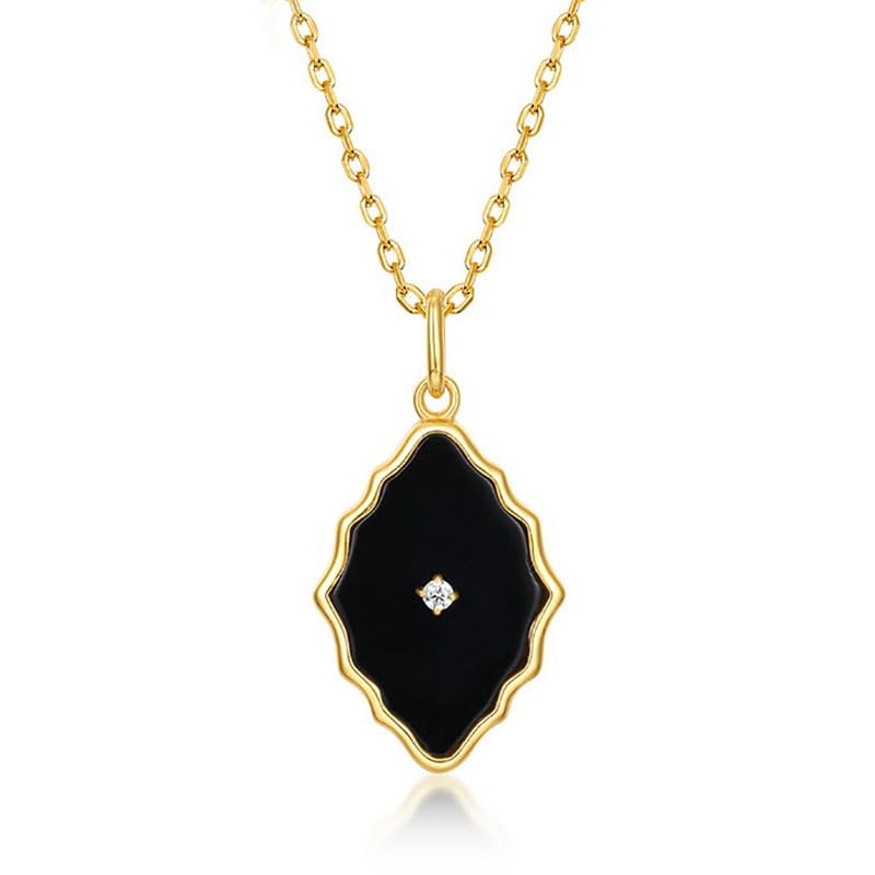 14K Gold/18K Gold Retro Geometric Onyx Pendant, Unique Classic Mirror Pattern Necklace, Timeless Jewelry Accessory for Women