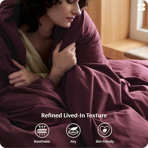 Image of Bedsure 100% Washed Cotton Duvet Cover Queen Size - Burgundy Minimalist Bedding Set Linen Like - PureWoven Plain Simple & Soft Comforter Cover for All Seasons (Burgundy, Queen, 90 inchx90 inch)
