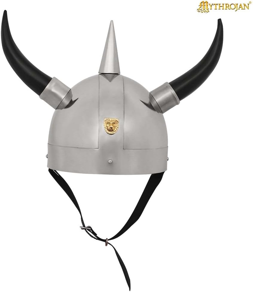 Mythrojan Viking Helmet with Horns Medieval Steel Helmet Viking Costume Hat Heavy Duty 20 Gauge Warrior Helm with Natural Horn for SCA,LARP, Historical Reenactment