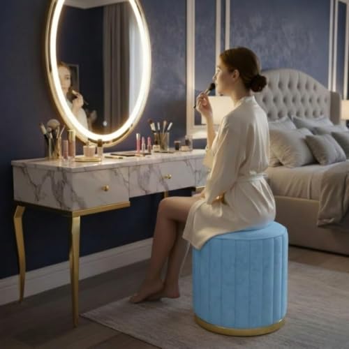 Image of Upholstered Round Linen Strip Stool Living Room Foot Rest Office Stool Pouf Ottoman Padded Seat (Sky Blue)