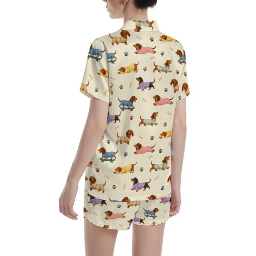 Image of Funny Pajamas for Women Set Print Satin Loungewear Pjs Short Sleeve Button Down Top and Shorts Sets Sleepwear XS-3XL