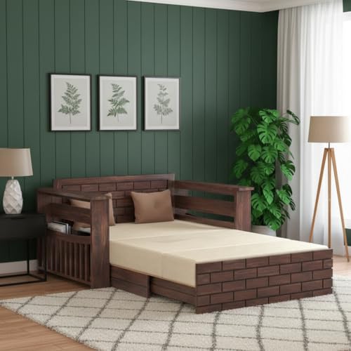 Image of Solid Sheesham Wood Sofa Cum Bed 2 Seater | Wooden Foldable Double Bed for Living Room with Headboard & Storage | Bed Cum Sofa with Mattress for Bedroom Furniture (Walnut Finish)