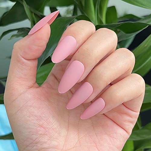 Addfavor 120Pcs Press On Nails Medium Length Almond Fake Nails Matte Pink Full Cover Stiletto Acrylic False Glue On Nails Set With Adhesive Tabs For Women And Girls Manicure, 12 Sizes #TOP1
