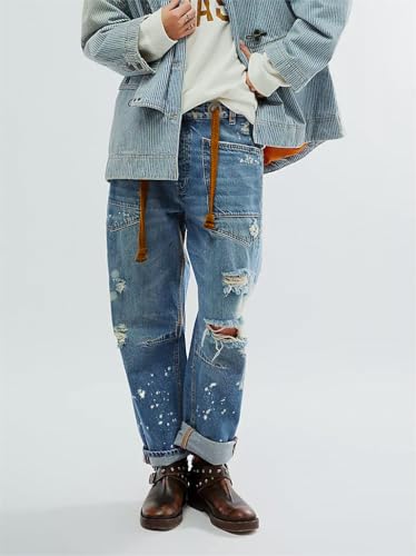 LifeShe Women's Baggy Barrel Jeans Casual Boyfriend Mid Rise Drawstring Wide Leg Denim Pants4