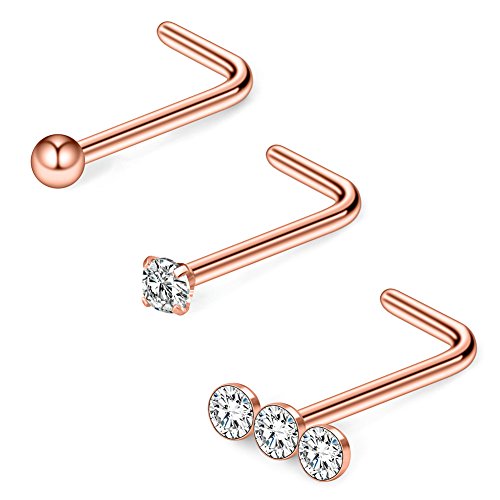 Ruifan 3PCS 20G 316L Surgical Steel Triple Linear Gem Clear CZ & Ball & Clear Round CZ Curved Nose Stud Ring L Shaped Piercing Jewelry - Rose Gold