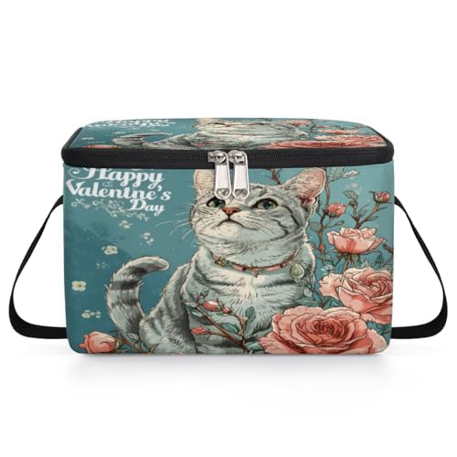 GzLeyigou Happy Valentine's Day Lunch Bags for Women Men 9 Cans, Hot & Cold Food Delivery Bag Insulated Grocery Bag Insulated Lunch Box Cat Cooler Bag for Office Work Picnic Beach