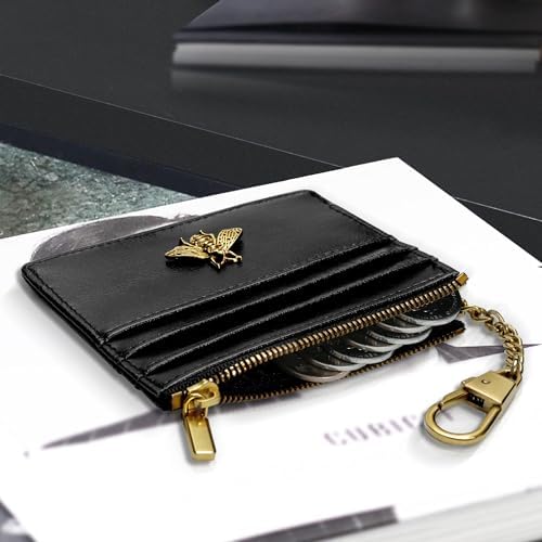 SEAVILIA Card Holder Keychain Wallet for Women with ID Window RFID Coin Purse Bee Gifts Slim Minimalist Small Wallet, Black, 4.4 x 3.38 inches, Minimalist