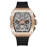 REEF TIGER Men's Rose Gold Tonneau Mechanical Watch Self-Winding Multifunctional Rubber Watch RGA3009-2 Fashion Titan (RGA3009-2-PBB)