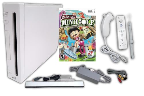Wii Nintendo Console Bundle + Carnival Games Mini Golf Game Disc | White RVL-001 System Also Compatible w/Gamecube Games | Includes 1x Remote Controller, Nunchuck, Sensor Bar, Cables & AC Adapter