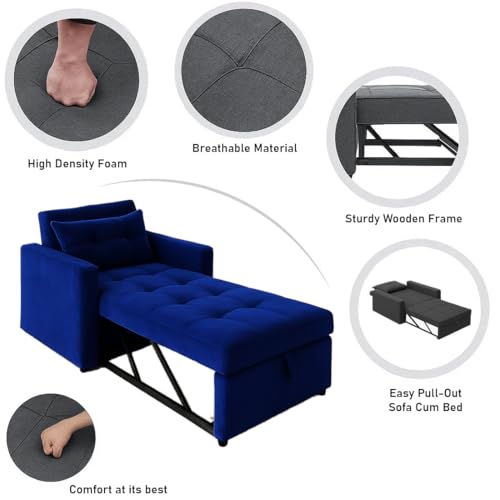 Image of CASASTYLE Trissa 1 Seater Fabric Pull-Out Sofa Cum Bed (Dark Blue) Comfortable & Premium Velvet Finish