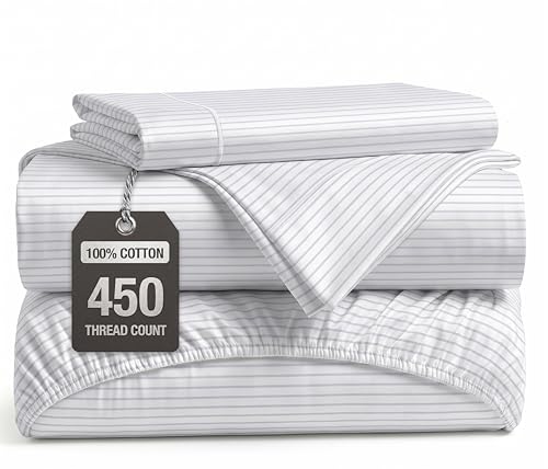 Image of LANE LINEN Twin XL Bed Sheets Set - 450 Thread Count Set - 100% Cotton Sheets Twin Size Bed Set - Ultra Soft Cotton Bed Sheet Set for College Dorms - Sateen Weave Hotel Sheets - Tickling Stripe