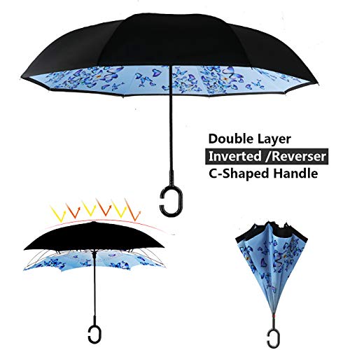 Image of MRTLLOA 40 /49 /56 Inch Oversize Windproof Inverted Reverse Upside Down Umbrella, Golf Size Rain Umbrella, Double Layer, C-Shaped Handle for Men, Women and Kids (Orchid Butterfly, 49 Inch)