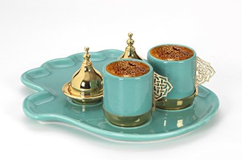 MisterCopper Ceramic Turkish Arabic Greek Coffee Espresso Serving Set for 2 (Turquoise Gold)