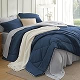 Bedsure Blue Comforter Set Queen - 7 Pieces Reversible Navy Bed in a Bag, Blue Comforter Queen Bed Set for All Seasons with 1 Flat Sheet, 1 Fitted Sheet, 2 Pillowcases and 2 Pillow Shams