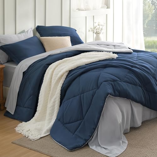 Bedsure California King Comforter Set - 7 Pieces Reversible Navy Bedding, California King Size Bed Set for All Seasons, Bed in a Bag with Down Alternative Comforter, Sheets, Pillowcases & Shams