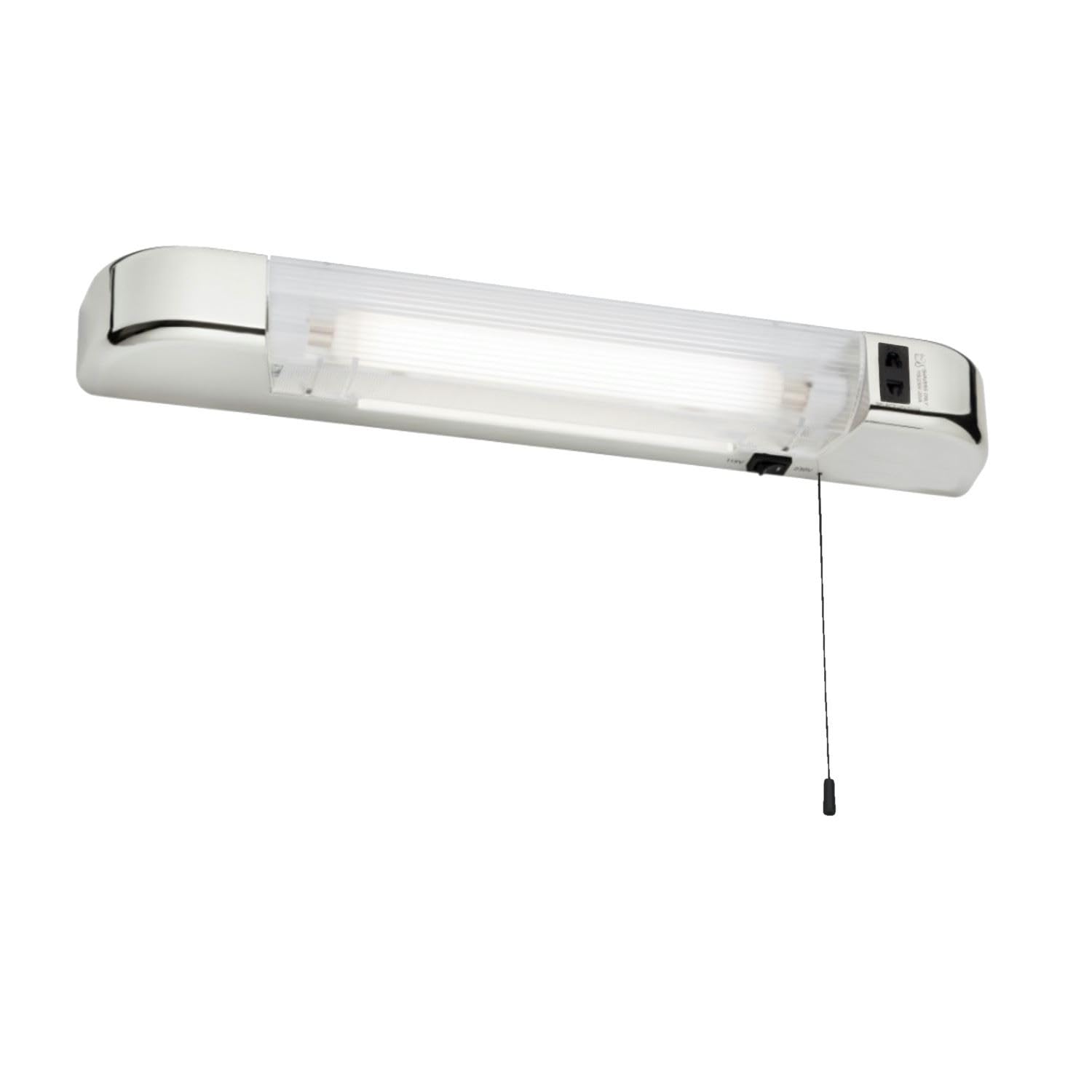 Firstchoicelighting Chrome & Frosted Bathroom Shaver Light, Modern White Design, Pull Cord On Off Switch, Dual Voltage, Requires Led S15 Bulb
