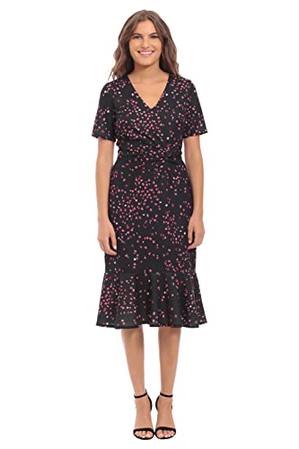 London Times Women's Plus Size V-Neck Polished Flounce Hem Twist Waist Detail Feminine Office Event Guest Of, Black/Dubarry #TOP1