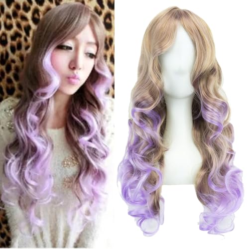 IMISSU 26 ''longue perruque de cosplay de cheveux naturels bouclés avec une frange colorée Perruques de fête d'Halloween pour femmes (Marron Rose)
