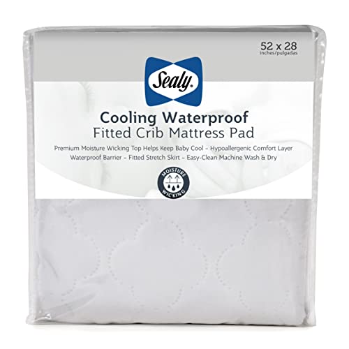 Image of Sealy Baby Cooling Moisture Wicking Crib Mattress Protector Pad and Toddler Bed Cover, Fitted Waterproof Infant Durable and Comfortable Topper, Machine Washable & Dryer Friendly, 52x28”- White