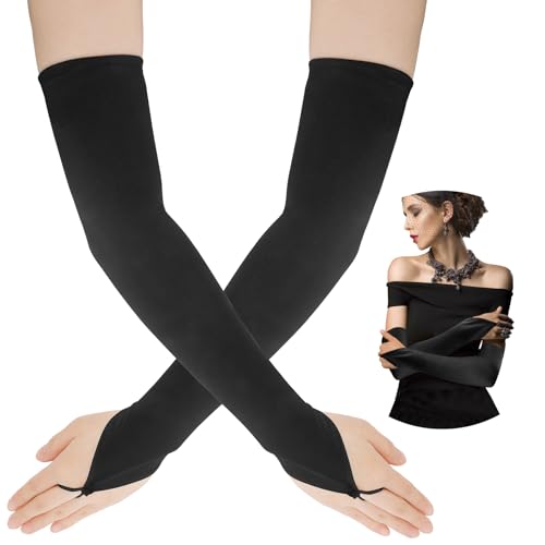 Black Satin Opera Gloves - Long Fingerless & Elbow Length - Costume & Party Gloves