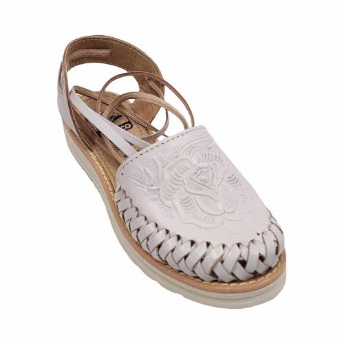 Women’s Wrap Up Leather Sandals, Authentic Mexican Huaraches Handtooled Flower Design3