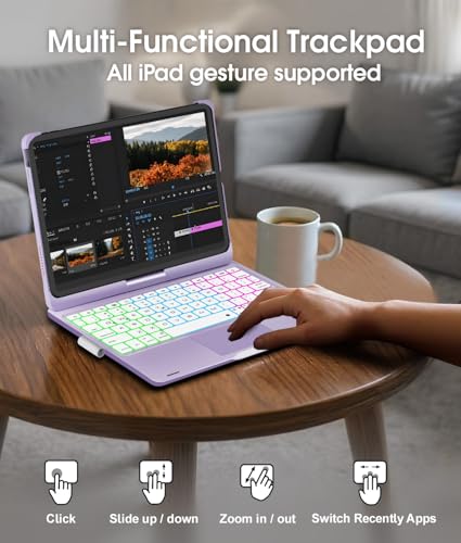 Image of Baisla for iPad (A16) 11th /10th Gen Case with Keyboard, 360 Rotating,Trackpad Keyboard for iPad Air 11(M4 /M3 /M2)&iPad Air 5th /4th /Pro 11 4th /3rd /2nd /1st,Rainbow Backlit with Pencil Holder-Light Purple