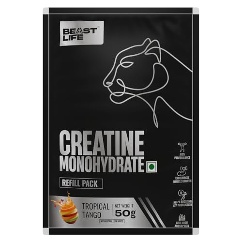 Image of BEASTLIFE Super Micronized Creatine Monohydrate Powder 50g Refill Pack | 13 Servings Tropical Tango Flavor | NABL Lab Tested | Premium Sports Nutrition for Strength & Performance