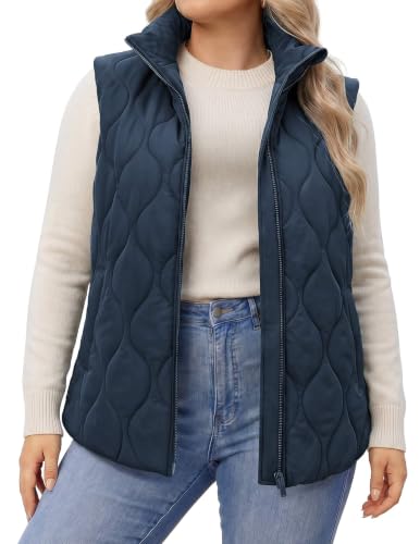 IN'VOLAND Plus Size Cropped Puffer Vest Quilted Jackets Navy Blue Fall Coat
