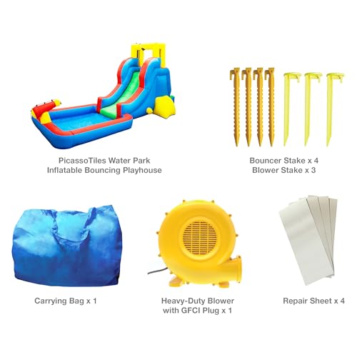 image for PicassoTiles KC108 Water Slide Park Inflatable Bouncing House w/Pool A