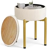 Memobarco 18-Inch Velvet Vanity Stool Chair with Storage, Vanity Bench with 4 Golden Metal Legs & Anti-Slip Adjustable Feet,Round Storage Ottoman Stool with Removable Soft Padded Seat, Beige