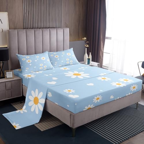 Image of Daisy Flowers Bed Sheet Set Kids Garden Theme Sheets Set 4pc Yellow White Blue Microfiber Soft Bedding Set,1 Flat Sheet,1 Deep Pocket Fitted Sheet,2 Pillow Cases(King Size)