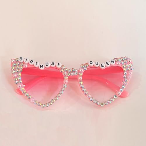 Birthday Glasses for Women, Birthday Queen Sunglasses Pink Heart Shaped Shiny Bling Diamond Pearl Sunglasses for Girl Happy Birthday Party Gift Supplies Accessories Favors3