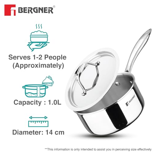 Image of Bergner Argent Triply 14cm Saucepan with Stainless Steel Lid, 1 Liter Sauce Pan, Stay Cool Cast Handle, Food Safe, Consumes Less Oil, Healthy Cooking, Durable - Induction and Gas Stove Ready