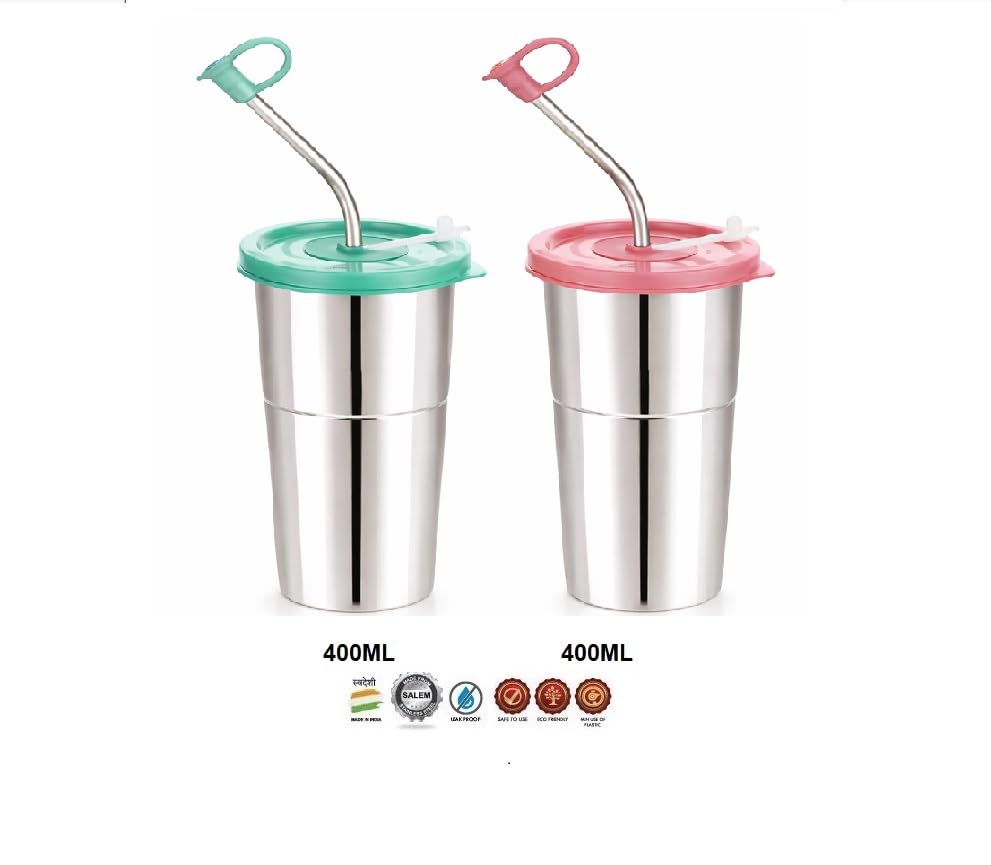 Image of Stainless Steel Fusion Glass Tumbler with Stainless Steel Metal Straws and Cleaning Brush with Lid (LD SIP 2) 400ML