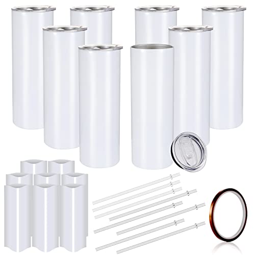 8 Pack Straight Sublimation Skinny Tumblers Blank 20oz - Sublimation Tumbler for Heat Transfer， Stainless Steel Double Wall Insulated Tumbler with Heat Tape & Shrink Wrap Sleeve, White