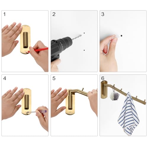 Sumnacon Stainless 2 Pcs Steel Clothes Hanger Rack-Wall Mount Garment Hook with Swing Arm, Sturdy Coat Robe Storage Organizer for Laundry Room Bedrooms Clothing Drying Rack with 5 Hooks, Gold by Sumnacon - Used condition - Image 6