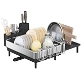 SONGMICS Dish Drainer Rack, Expandable Dish Drying Rack, Stainless Steel Kitchen Dish Rack with Rotatable Spout, Utensil, Cup, Glass, Cutting Board and Pan Holders, Silver and Black KCS037B01
